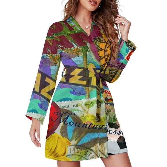 Rio De Janeiro Brazil Impanema Copacabana Night Robe Long Sleeve V Neck Robe With Belt Women's Sleepwear Dresses
