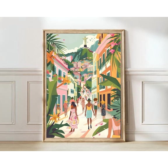 Rio De Janeiro Brazil Wall Art Floral Nostalgic Decor, Stretched Canvas Size 12x18