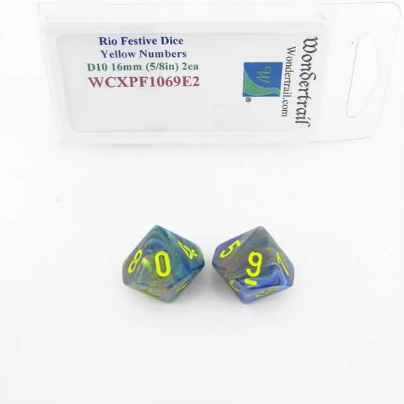 Rio Festive Dice with Yellow Numbers D10 Aprox 16mm (5/8in) Pack of 2 Wondertrail
