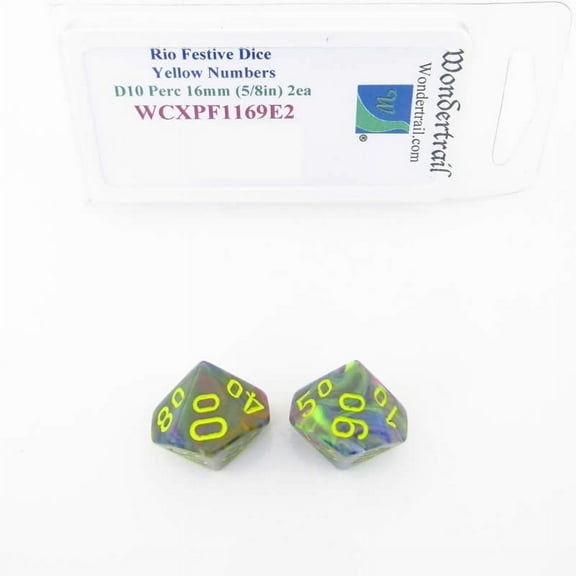 Rio Festive Dice with Yellow Numbers D10 Perc Aprox 16mm (5/8in) Pack of 2 Wondertrail