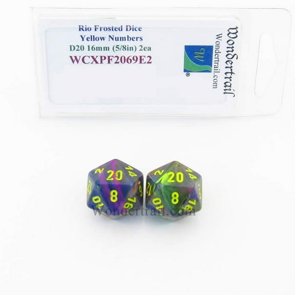 Rio Festive Dice with Yellow Numbers D20 Aprox 16mm (5/8in) Pack of 2 Wondertrail