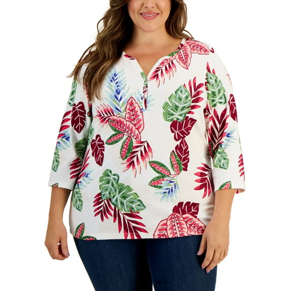 Rio Palm 3/4-Sleeve Henley Top Bright White 2X