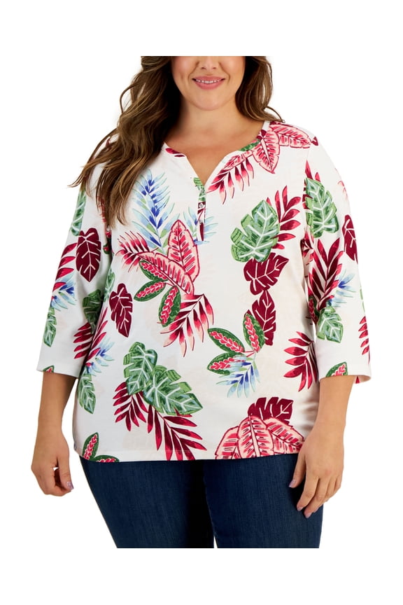 Rio Palm 3/4-Sleeve Henley Top Bright White 3X