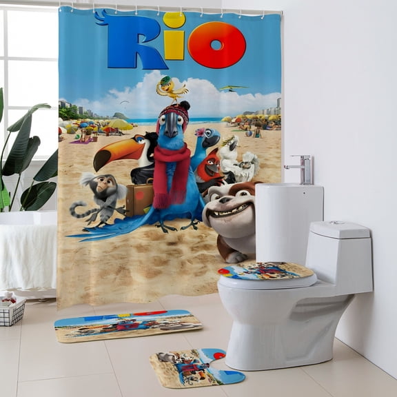 Rio Polyester Bath 4-Piece—Shower curtain, toilet mat + two floor mats.