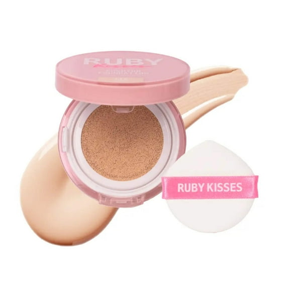 Ruby Kisses Cushion Foundation, Full Coverage Korean Makeup, Lightweight & Long Lasting, All Day Natural Glowy Finish for All Skin Types with Hyaluronic Acid & Bakuchiol (Ivory, 0.52 Ounce)