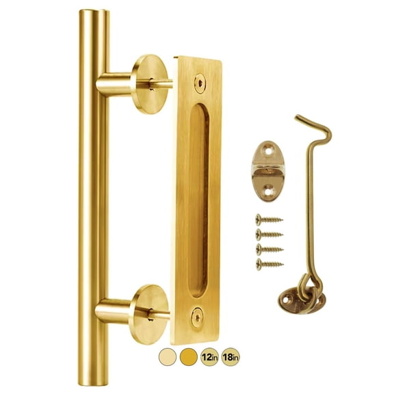 Rio Salto 12-Inch Gold Barn Door Handle Kit with Latch Lock Set Closet Brass Finish Pull Handle Flush Handles Hardware Large Sliding Door Handles 1-Door Gold - 1Pack w/Lock