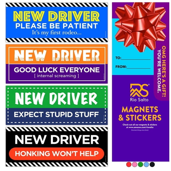 Rio Salto 4-Pack Funny Large New Driver Car Magnet Please Be Patient Magnetic Permit Student Driver Safety Sign Cool Prank Rookie Funny Bold Statement, Magnet