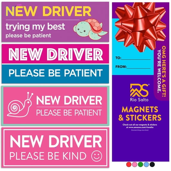 Rio Salto 4-Pack Large New Driver Car Sticker Please Be Patient Stickers Permit Student Driver Sticker Cool Prank Rookie Funny Cute_New Driver, Magnet