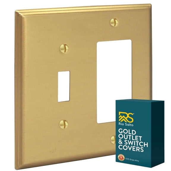Rio Salto BRASS Deco Collection Midsize Combination Toggle Rocker Metal Gold Light Switch Cover Wall Plate Wallplate Combo Decorative Plates Covers Brushed Modern Linear 2-Gang Combo 1-Pack
