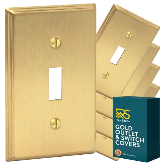 Rio Salto BRASS Deco Collection Midsize Metal Gold Toggle Light Switch Covers Wall Plate Togle Switch Wallplate Decorative Single Switch Plate Covers Brushed Brass Modern 1-Gang Toggle 5-Pack