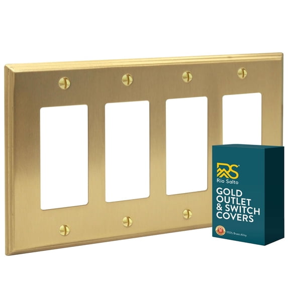 Rio Salto BRASS Deco Collection Midsize Wall Plates Decorator Quad Rocker Receptable Wall Plate Light Switch Cover Wallplate Covers 4 Gang Large Modern Linear 4-Gang Rocker 1-Pack