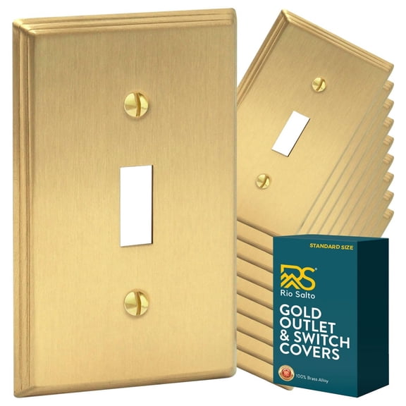 Rio Salto BRASS Deco Collection Standard Size Metal Toggle Switch Gold Outlet Cover or Light Switch Cover Wall Plate Single Wallplate Covers 1 Gang Brushed Brass Togle 1-Gang 10-Pack
