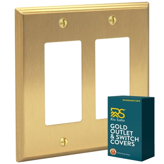 Rio Salto BRASS Deco Collection Standard Size Modern Metal Gold Double Light Switch Wall Plate or Outlet Cover Wall Plate Receptacle Wallplate Rocker Covers 2 Gang Brushed Brass