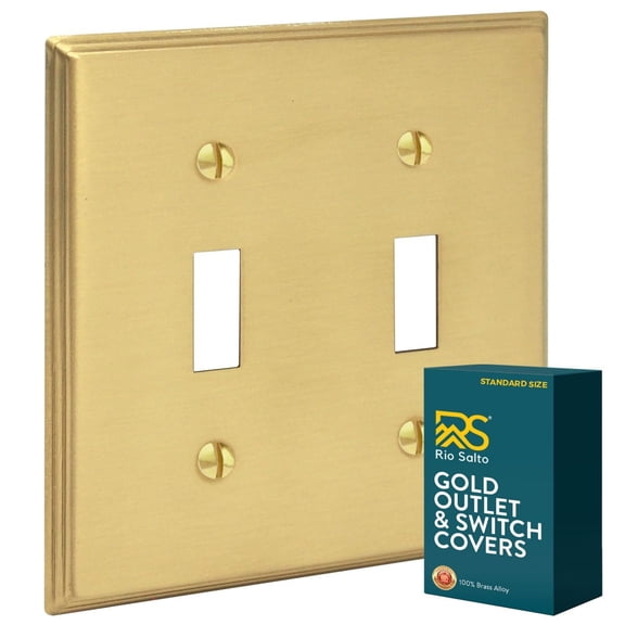 Rio Salto BRASS Deco Collection Standard Size Modern Metal Gold Outlet Cover or Light Switch Cover Wall Plate Toggle Switch 2-Gang Double Covers Wall Plate Wallplate Decorative Gold 2 Gang