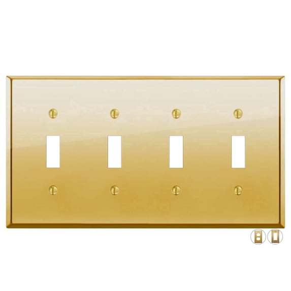 Rio Salto BRASS High Polish Gold Toggle Light Switch Cover 4-Gang STANDARD SIZE Wall Plate Cover Quad Togle Wallplate Covers 4 Gang Brushed Brass Metal (4-Gang Toggle Standard Size 1 Pack)