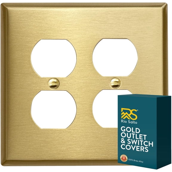 Rio Salto BRASS Decorative Brushed Brass Gold 2 Duplex Outlet Covers Double Duplex Wall Plate Receptacle Wall Plate Premium Wall Plate Covers — Signature Collection, Midsize 4.94" x 5.00"