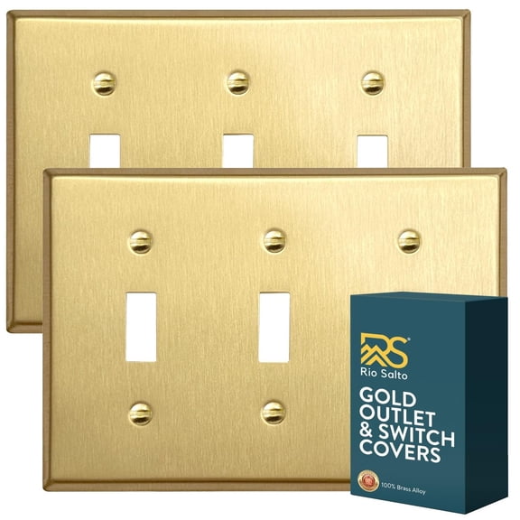 Rio Salto BRASS Signature Collection MIDSIZE Metal Gold Outlet Cover or Light Switch Cover Wall Plate, Corrosion Resistant Genuine Brushed Brass Mid Size Toggle Switch 3-Gang 2-Pack