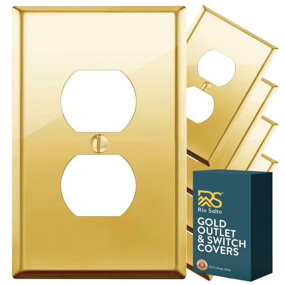 Rio Salto BRASS Signature Collection Polished Gold Standard Size Metal Duplex Outlet Cover Light Switch Cover Wall Plate Single Receptacle Wallplate Covers 5-Pack Polished Shiny Gold