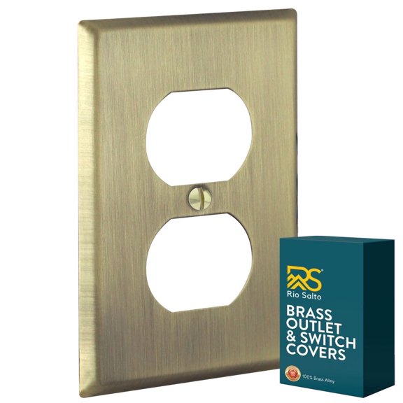 Rio Salto BRASS Signature Collection Standard Size Duplex Antique Gold Metal Outlet Cover Light Switch Cover Wall Plate Single Receptacle Wallplate Covers Matte Gold Finish (Duplex, 1-Gang)