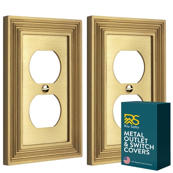 Rio Salto Estate Collection Brushed Brass Gold Decorative Duplex Light Switch Plate and Outlet Cover Wall Plate 1 Gang 5" x 3.13" 2-Pack Midsize Premium Heavy-Gauge Wall Plates
