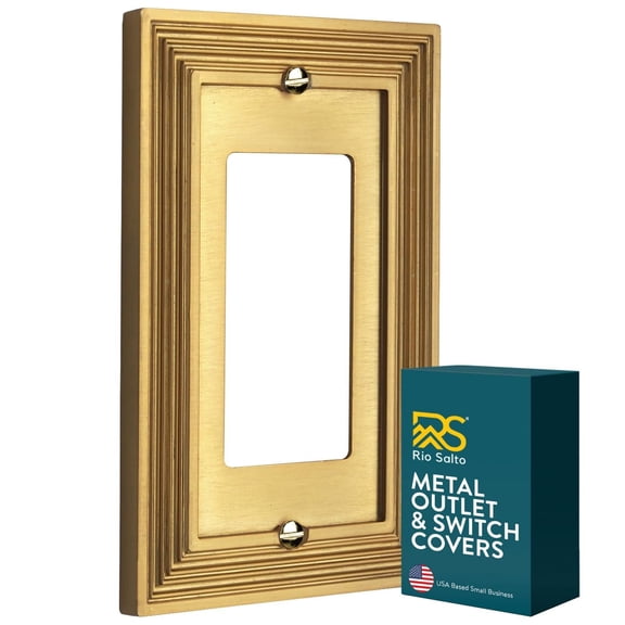 Rio Salto Estate Collection Brushed Brass Gold Decorative Rocker Light Switch Plate and Outlet Cover Wall Plate 1 Gang 5" x 3.13" Midsize Premium Heavy-Gauge Wall Plates