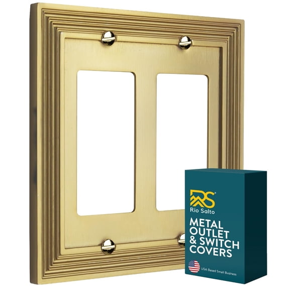 Rio Salto Estate Collection Brushed Brass Gold Double Rocker 2-Gang 5" x 5" Midsize Metal Light Switch Cover Outlet Cover Decorative Wall Plates Luxury Home Hardware