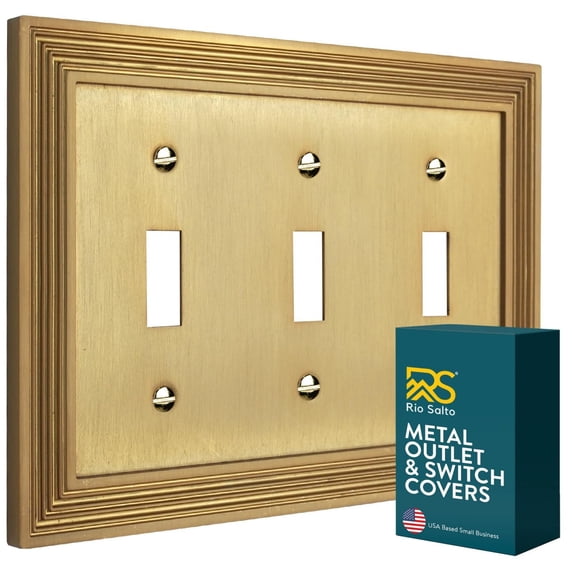Rio Salto Estate Collection Brushed Brass Gold Triple Toggle Flip Switch Cover 5" x 7" Midsize Metal Light Switch Cover Outlet Cover Decorative Wall Plates Luxury Home Hardware