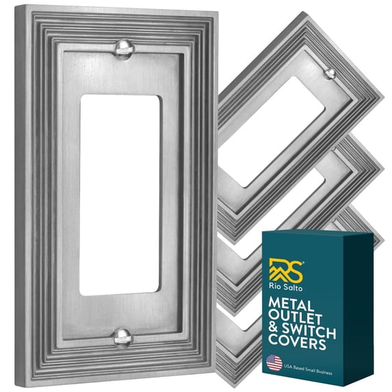 Rio Salto Estate Collection Brushed Nickel Silver Decorative Rocker Light Switch Plate Outlet Cover Wall Plate 4 Pack 1 Gang 5" x 3.13" Metal Home Upgrade Midsize Premium Heavy-Gauge Wall Plates