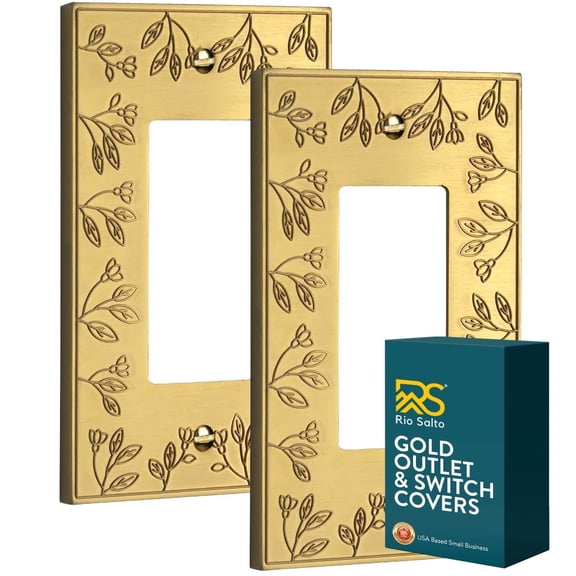 Rio Salto Floral Collection Brushed Brass Gold Decorative Rocker Light Switch Plate and Outlet Cover Wall Plate 2 Pack 1 Gang 5" x 3.13" Metal Design Midsize Premium Heavy-Gauge Wall Plates