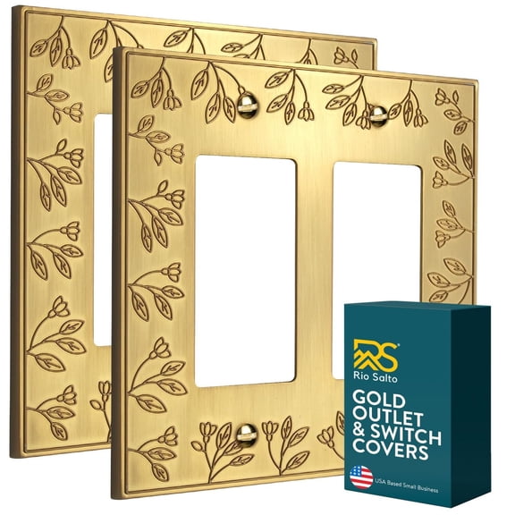 Rio Salto Floral Collection Brushed Brass Gold Double Rocker Light Switch Cover  2-Gang Midsize -- 2 Pack Metal Wall Plate 5" x 5" Heavy-Gauge Luxury Decorative Switch Plate