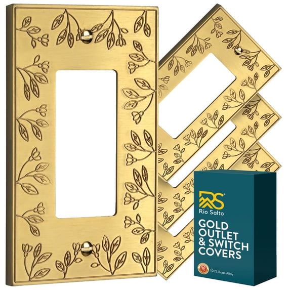 Rio Salto Floral Collection Brushed Brass Gold Rocker Light Switch Plate, 1-Gang 5" x 3.13" 4-Pack Midsize Metal Wall Plates Decorative Outlet Cover Premium Heavy-Gauge Wall Plates