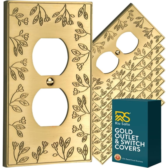 Rio Salto Decorative Gold Outlet Covers Light Switch Cover Plate Premium Metal Flower Wall Plate Duplex Outlet Cover — Floral Collection, 8 Pack, Midsize 5.00" × 3.13"