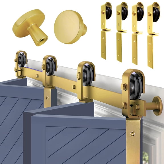 Rio Salto Gold Bifold Sliding Barn Door Hardware Kit Heavy Duty Metal Track System with Matching Knobs Gold Bi-Fold Barn Door Bifold Closet Doors, Bi-Folding 64" Track for 4 Doors, 4 Rollers No Door