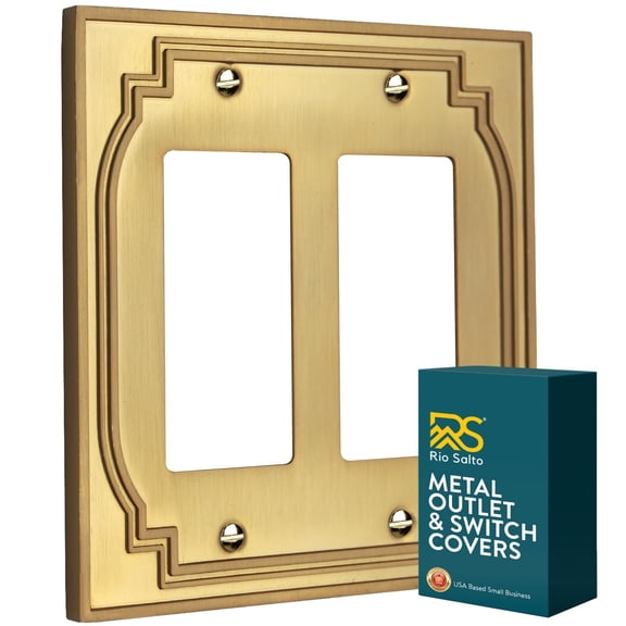 Rio Salto Heritage Collection Brushed Brass Gold Double Rocker Light Switch Cover 2-Gang Decorator Wall Plate, Medium Size 5 x 5 in, Metal Outlet Cover for Home Decor Upgrade
