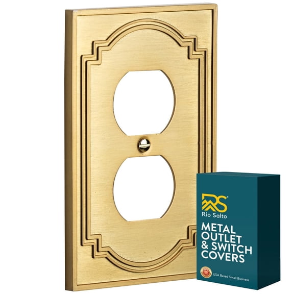 Rio Salto Heritage Collection Single Gang Duplex Brushed Brass Gold Metal Outlet Cover, Light Switch Covers Decorative Midsize 5" x 3.19" Plug Cover Plate, Luxury Artisanal Premium Wall Plate