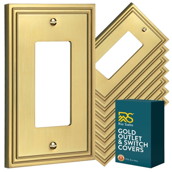 Rio Salto Imperial Collection Brushed Brass Gold Heavy-Gauge Rocker Light Switch Cover Plate 8 Pack 1-Gang Midsize 5" x 3.13" Decorative Metal Wall Plates Outlet Covers