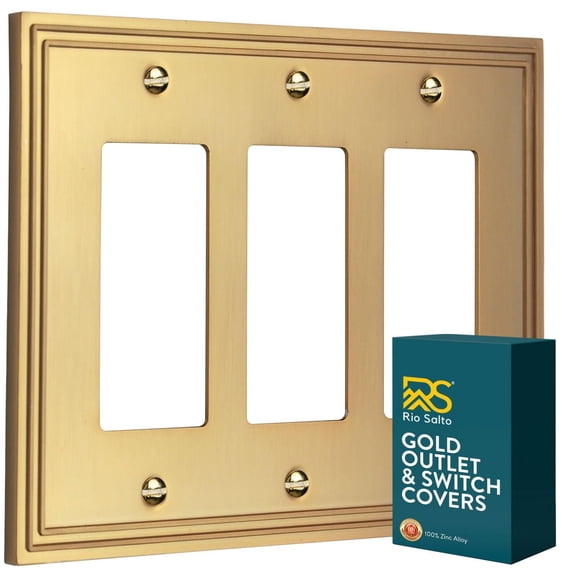 Rio Salto Imperial Collection Brushed Brass Gold Metal Light Switch Cover and Outlet Cover Triple 3 Gang Rocker Wall Plate, Oversized Premium Decorative Home Hardware, Luxury Artisanal Design