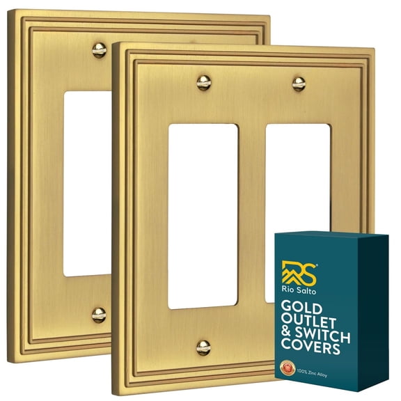 Rio Salto Imperial Collection Metal Double Rocker Gold Light Switch Cover Plate Outlet Covers Gold Decorative Wall Plates 2 Rockers 2-Gang Brushed Brass 2 Pack Medium Size 5" x 5"