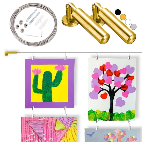 Rio Salto Kids Wire Art Display with Clips, Art Display for Kids Artwork Hanging Wire Gallery Display Hanger Project, Drawing Art Wall Display -5 Feet 60" + 40 Clips - Gold