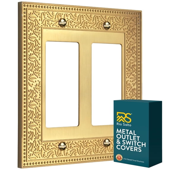 Rio Salto Laurel Collection Double Rocker Gold Light Switch Cover Plate Medium 5" x 5" Brushed Brass Metal Wall Plate, Luxury Decorative 2-Gang Switch Plate Premium Heavy-Gauge Wall Plates