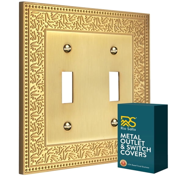 Rio Salto Laurel Collection Double Toggle Gold Light Switch Cover Plate  Medium 5" x 5" Brushed Brass Metal Wall Plate, Luxury Decorative Flip Switch Plate for Home Improvement 2 Toggles