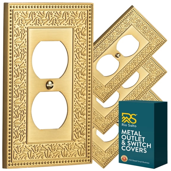 Rio Salto Laurel Collection Duplex Brushed Brass Gold Metal Outlet Cover Light Switch Plate Wall Plates Duplex Midsize 5" X 3.13" 4 Pack Heavy-Gauge Decorative Luxury Premium Wall Plate