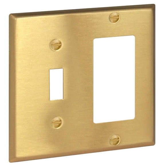 Rio Salto Metal Gold Light Switch Cover Wall Plate Combination Toggle and Decorator Rocker 2 Gang Decora 1 Toggle Wallplate Combo Decorative Switch Plates Covers Standard Size, Genuine Brushed Brass