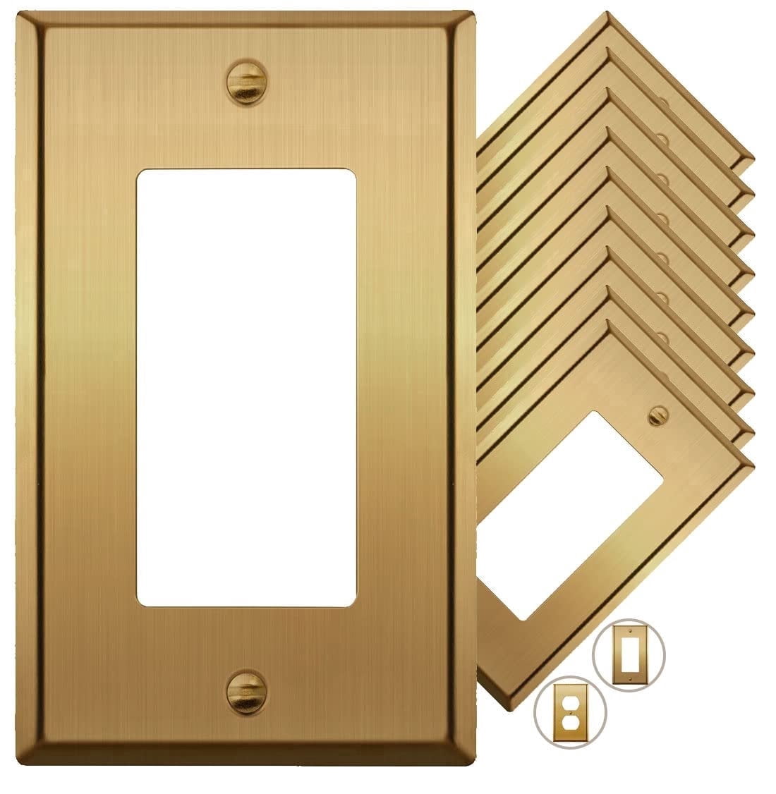 Rio Salto BRASS Signature Collection Metal Gold Light Switch Wall Plate Outlet Cover Single Receptacle Wallplate Rocker Covers 1 Gang Brushed Brass 4.5" x 2.76" 10-Pack Standard Size