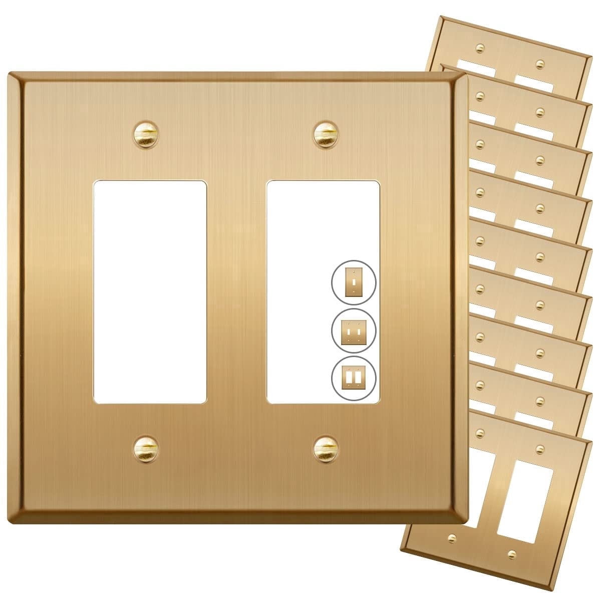 Rio Salto Metal Gold Outlet Cover or Light Switch Cover Wall Plate, 10-Pack STANDARD SIZE, 2-Gang Corrosion Resistant Single Duplex Receptacle Wallplate Covers Brushed Brass Rocker Outlet