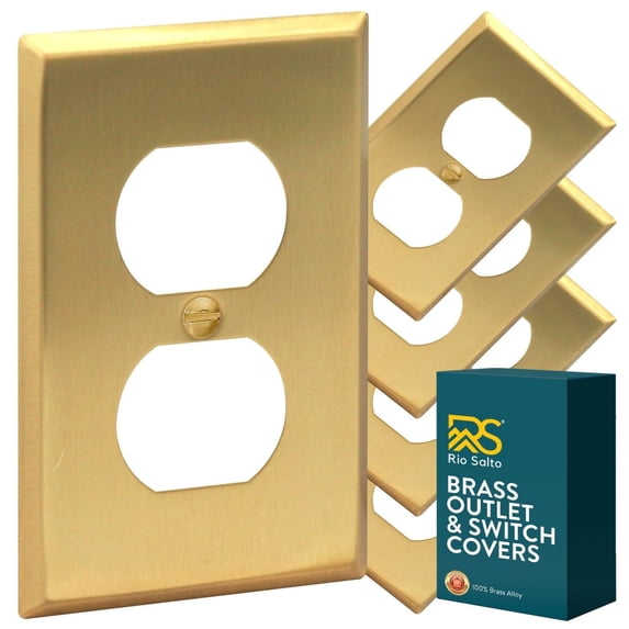 Rio Salto Metal Gold Outlet Cover or Light Switch Cover Wall Plate, Corrosion Resistant Single Duplex Receptacle Wallplate Covers 1 Gang Standard Size, Genuine Brushed Brass 4.50" x 2.76" 5-Pack