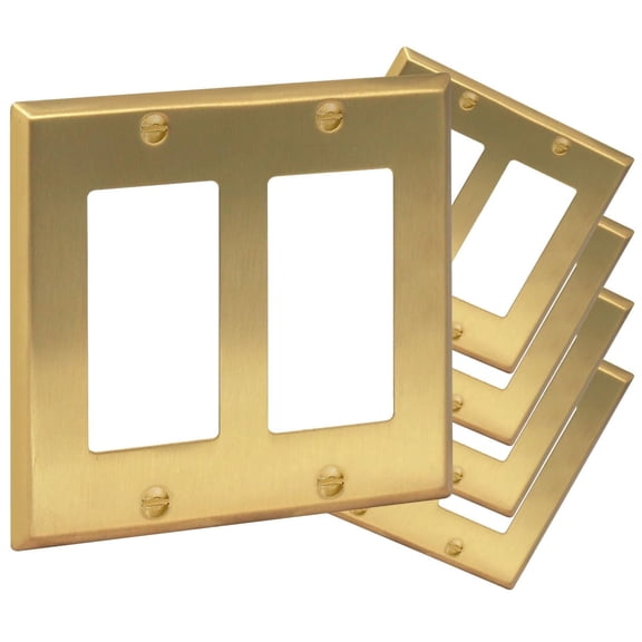 Rio Salto Metal Gold Outlet Cover or Light Switch Cover Wall Plate Decorator Switch or Receptacle, Duplex Receptacle Wallplate Covers 2 Gang Double Standard Size, Genuine Brushed Brass