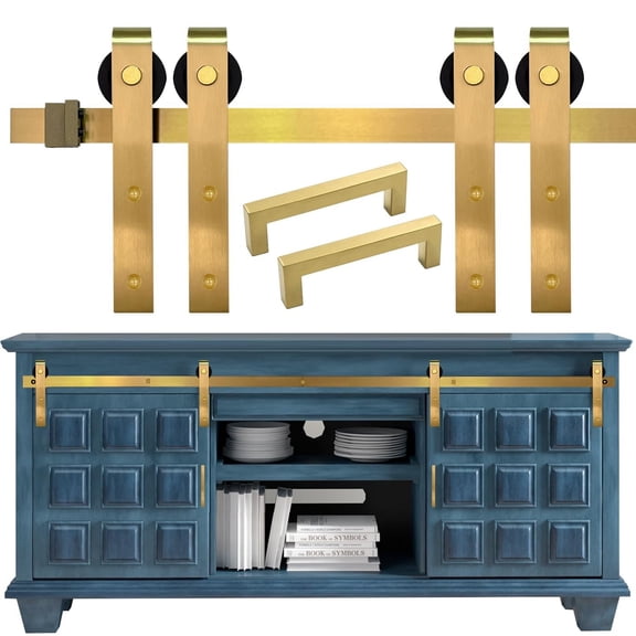 Rio Salto Mini Gold Barn Door Hardware Kit 7FT with Handles, Double Pannel Cabinet Sliding Barn Hardware 84" Track for Sliding Furniture Gold, 7FT Track Kit Double Door