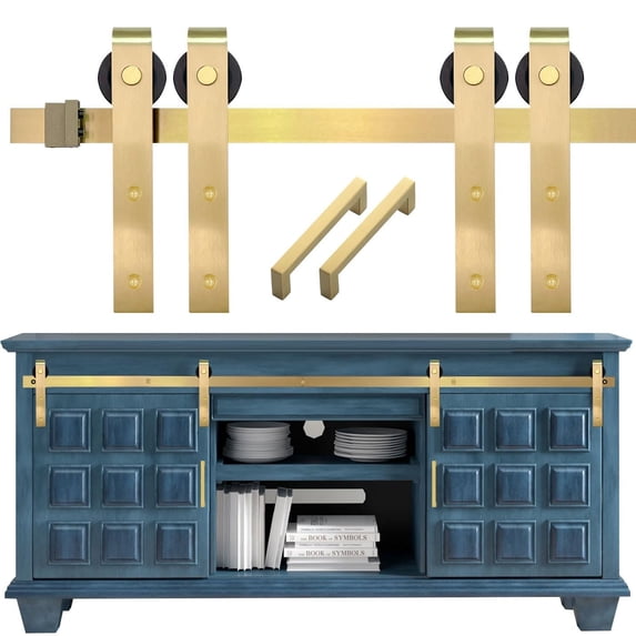 Rio Salto Mini Gold Barn Door Hardware Kit with Handles, Double Pannel Cabinet Sliding Barn Hardware Track for Sliding Furniture Light Gold, 4FT Track Kit Plus Handles Double Door