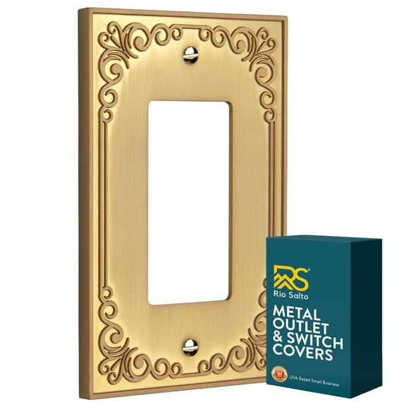 Rio Salto Palazzo Collection Brushed Brass Gold Decorative Rocker Light Switch Plate and Outlet Cover Wall Plate  1 Gang 5" x 3.13" Ornate Classic Metal Design Midsize Premium Heavy-Gauge Wall Plates